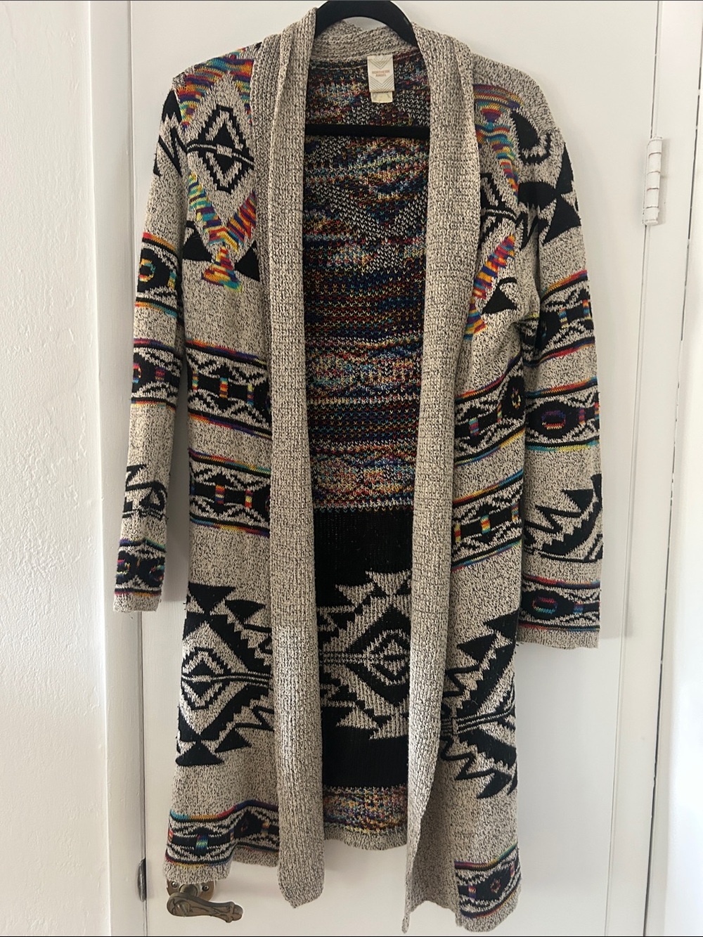 Northern Angel Aztec Rainbow Print Long Open Cardigan Sweater Size L